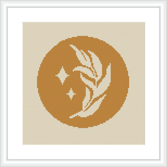 The image shows a framed cross stitch design featuring a feather and stars within a yellow circle, presented on a white background.