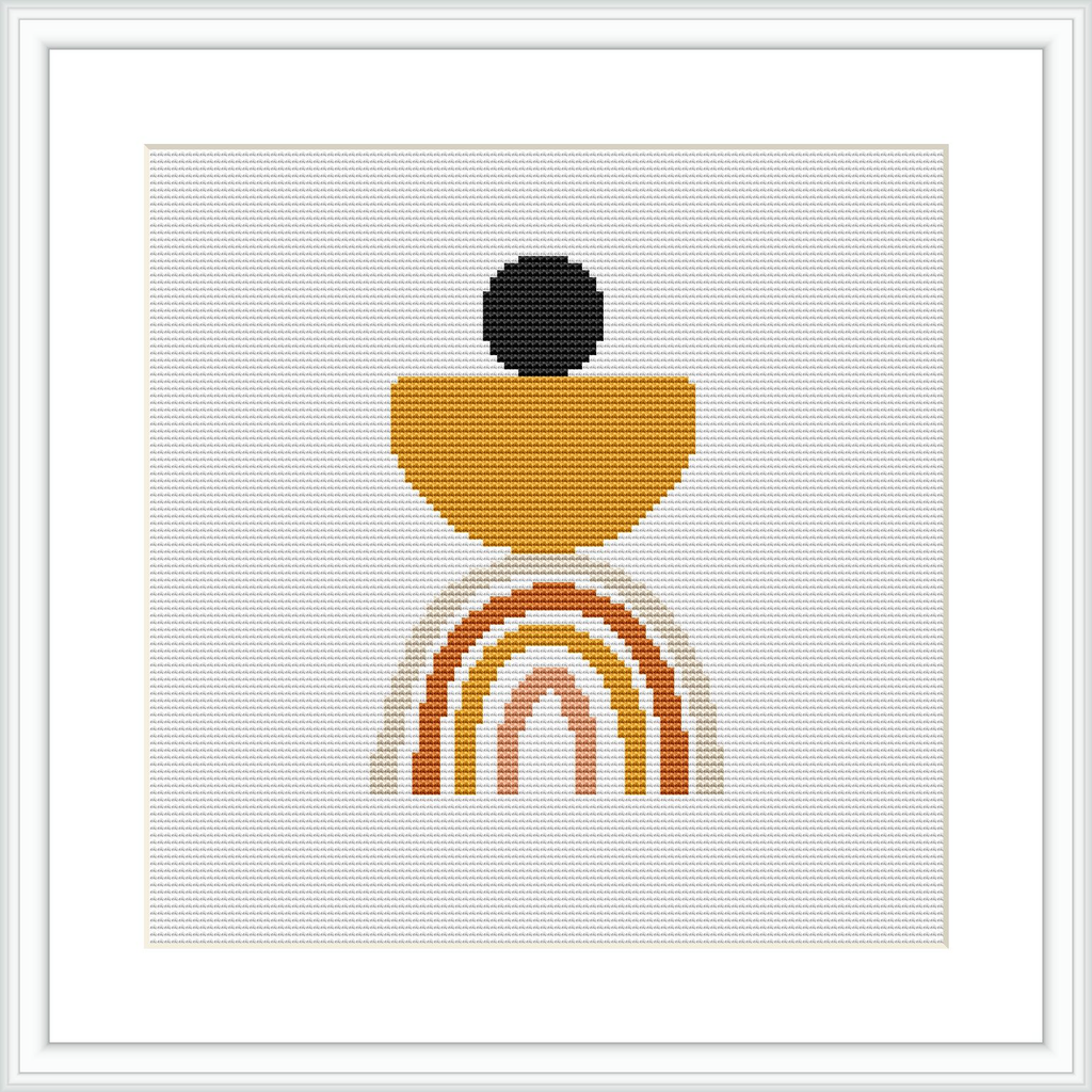 The image shows a cross stitch pattern framed in white, depicting a modern, abstract vase motif in earth tones, with a circular element on top, all on a white background.