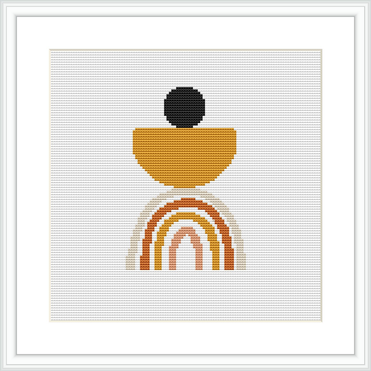 The image shows a cross stitch pattern framed in white, depicting a modern, abstract vase motif in earth tones, with a circular element on top, all on a white background.