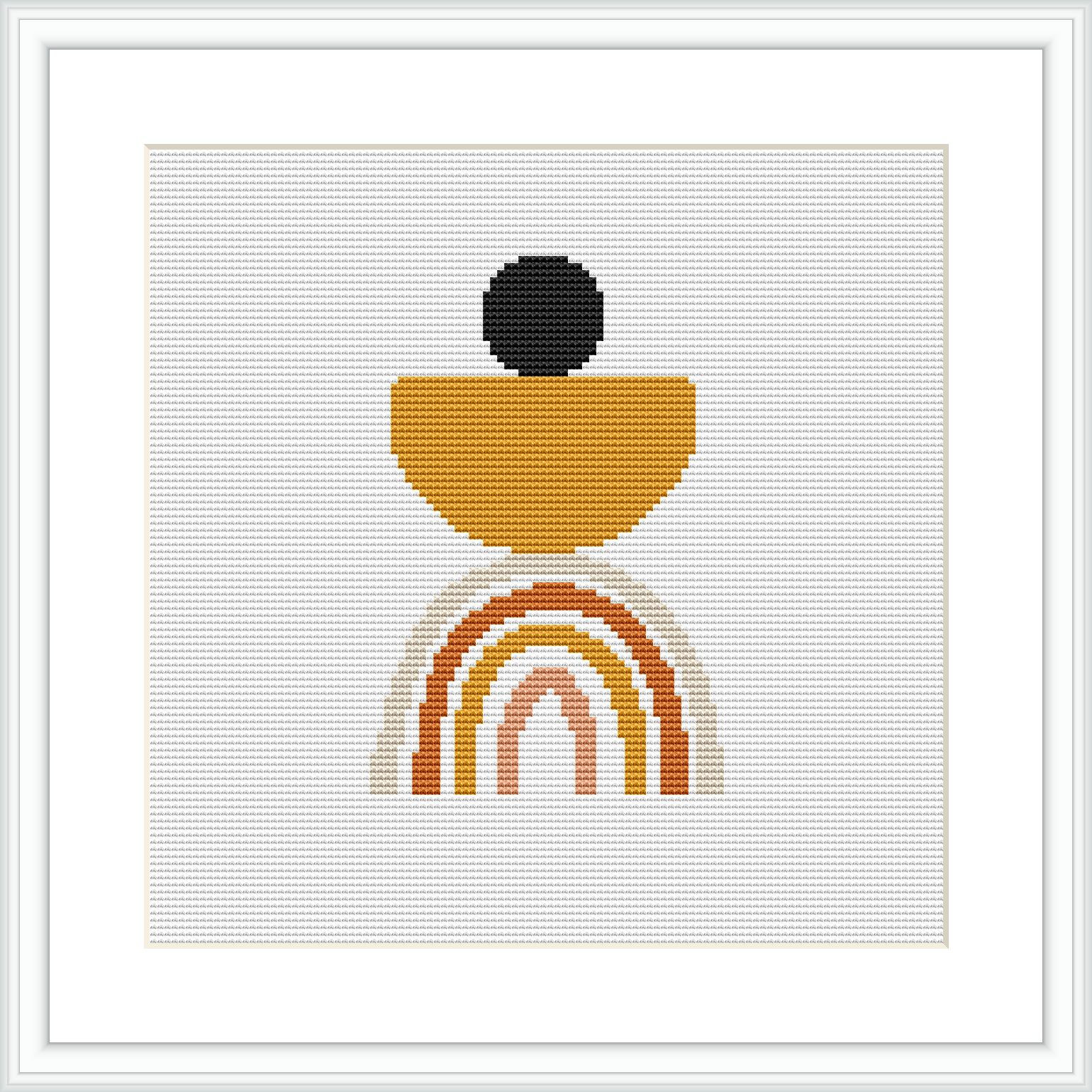 The image shows a cross stitch pattern framed in white, depicting a modern, abstract vase motif in earth tones, with a circular element on top, all on a white background.