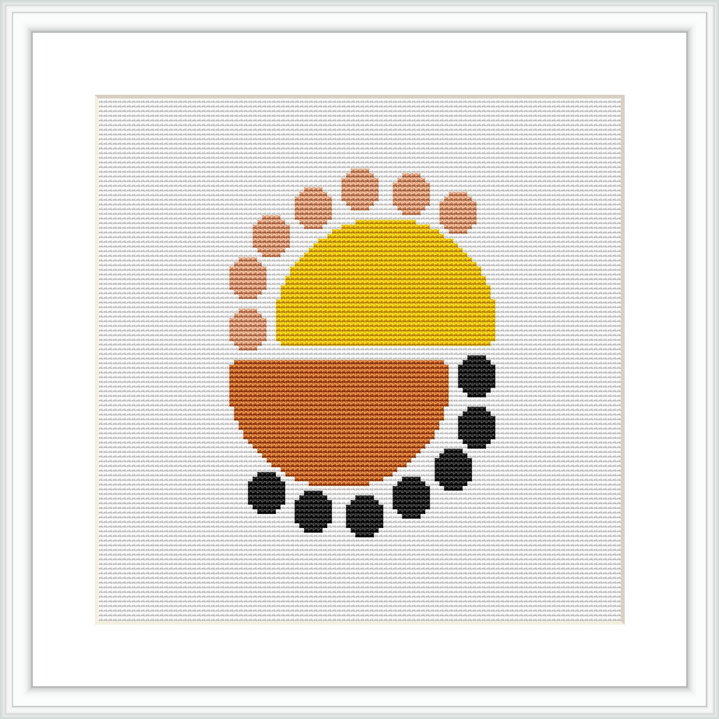 This is a digital depiction of a cross stitch pattern framed on a wall, showcasing a simple yet modern design with dots and geometric shapes in yellow, orange, salmon, and black colors.