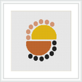 This is a digital depiction of a cross stitch pattern framed on a wall, showcasing a simple yet modern design with dots and geometric shapes in yellow, orange, salmon, and black colors.