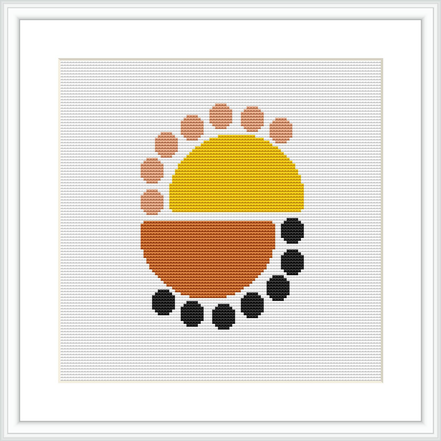 This is a digital depiction of a cross stitch pattern framed on a wall, showcasing a simple yet modern design with dots and geometric shapes in yellow, orange, salmon, and black colors.