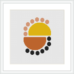 This is a digital depiction of a cross stitch pattern framed on a wall, showcasing a simple yet modern design with dots and geometric shapes in yellow, orange, salmon, and black colors.