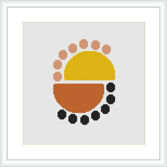 This is a digital depiction of a cross stitch pattern framed on a wall, showcasing a simple yet modern design with dots and geometric shapes in yellow, orange, salmon, and black colors.