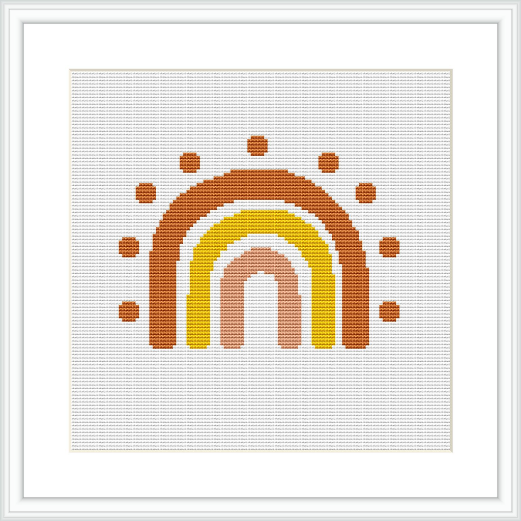 A cross stitch pattern of a simplified rainbow arch composed of dots, presented in a frame, on a white background.