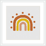 A cross stitch pattern of a simplified rainbow arch composed of dots, presented in a frame, on a white background.