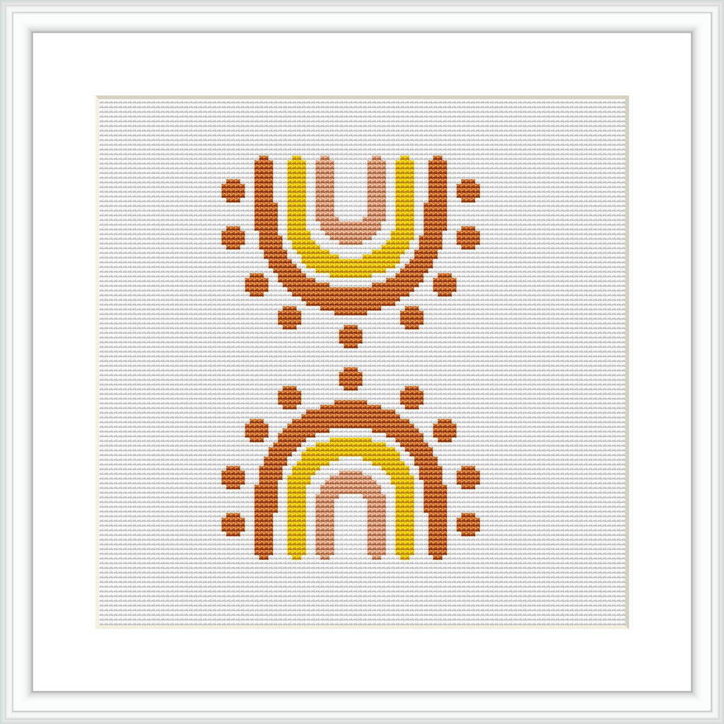 The image shows a framed cross stitch pattern of an abstract rainbow made up of colored dots against a white background. The rainbow is composed of arches in earthy hues centered on the fabric.