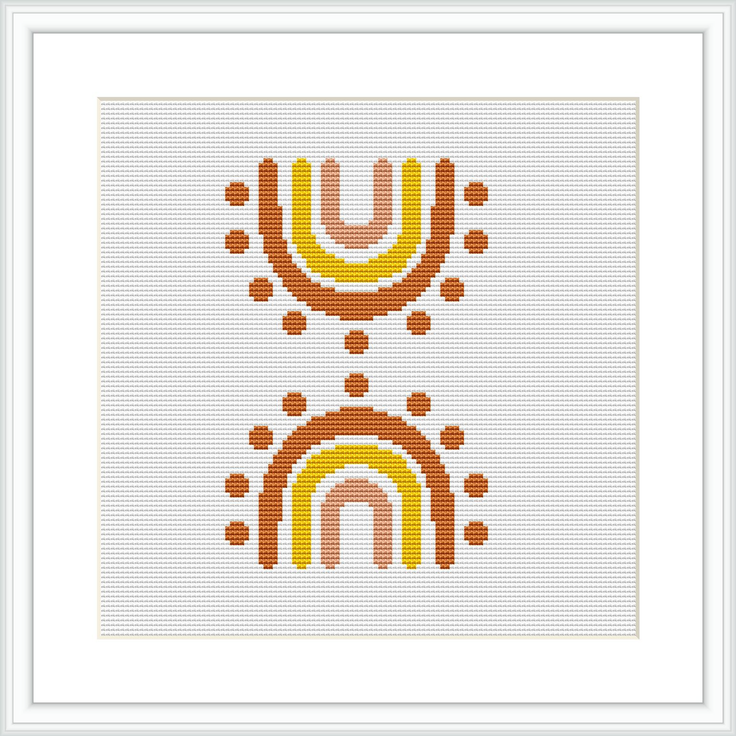 The image shows a framed cross stitch pattern of an abstract rainbow made up of colored dots against a white background. The rainbow is composed of arches in earthy hues centered on the fabric.