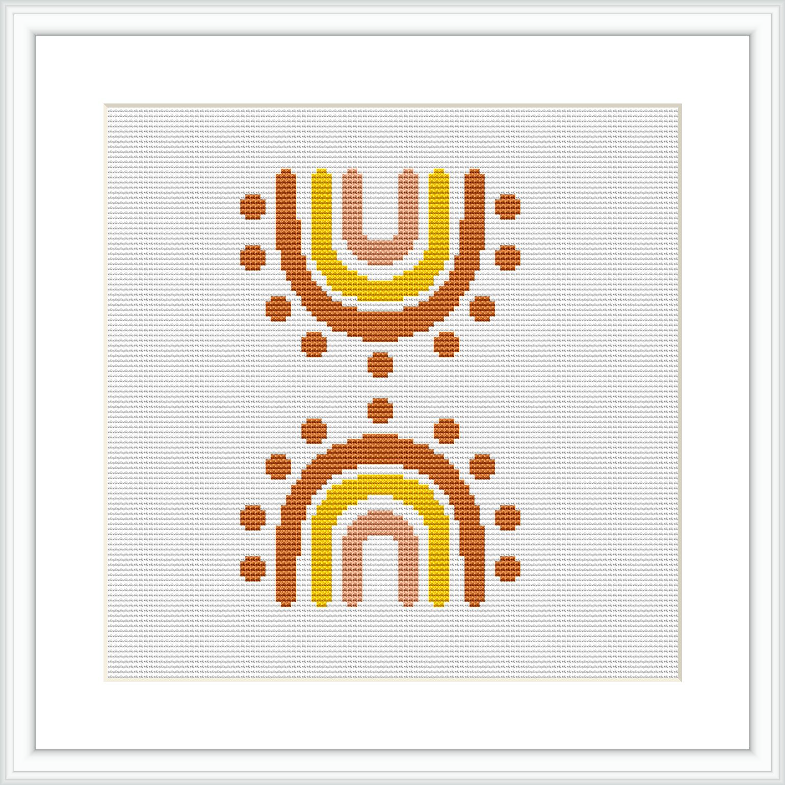 The image shows a framed cross stitch pattern of an abstract rainbow made up of colored dots against a white background. The rainbow is composed of arches in earthy hues centered on the fabric.
