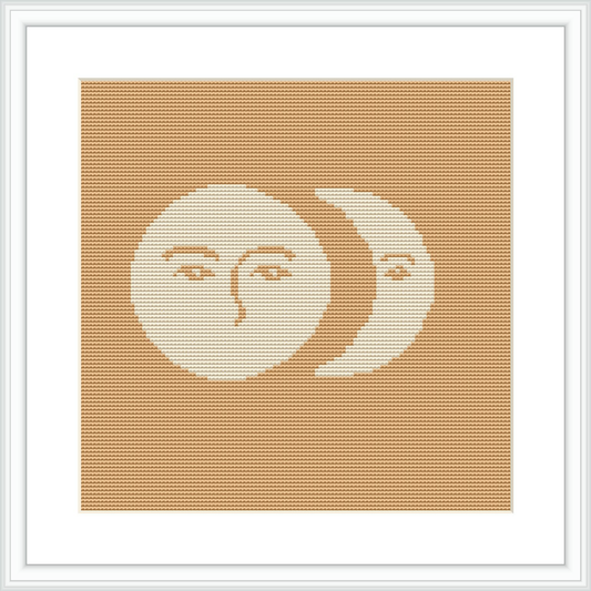 The image depicts a cross stitch pattern composed of a sun and moon with human-like faces, rendered in minimalistic style, using a two-tone color scheme of beige and white on a caramel background, framed in white.