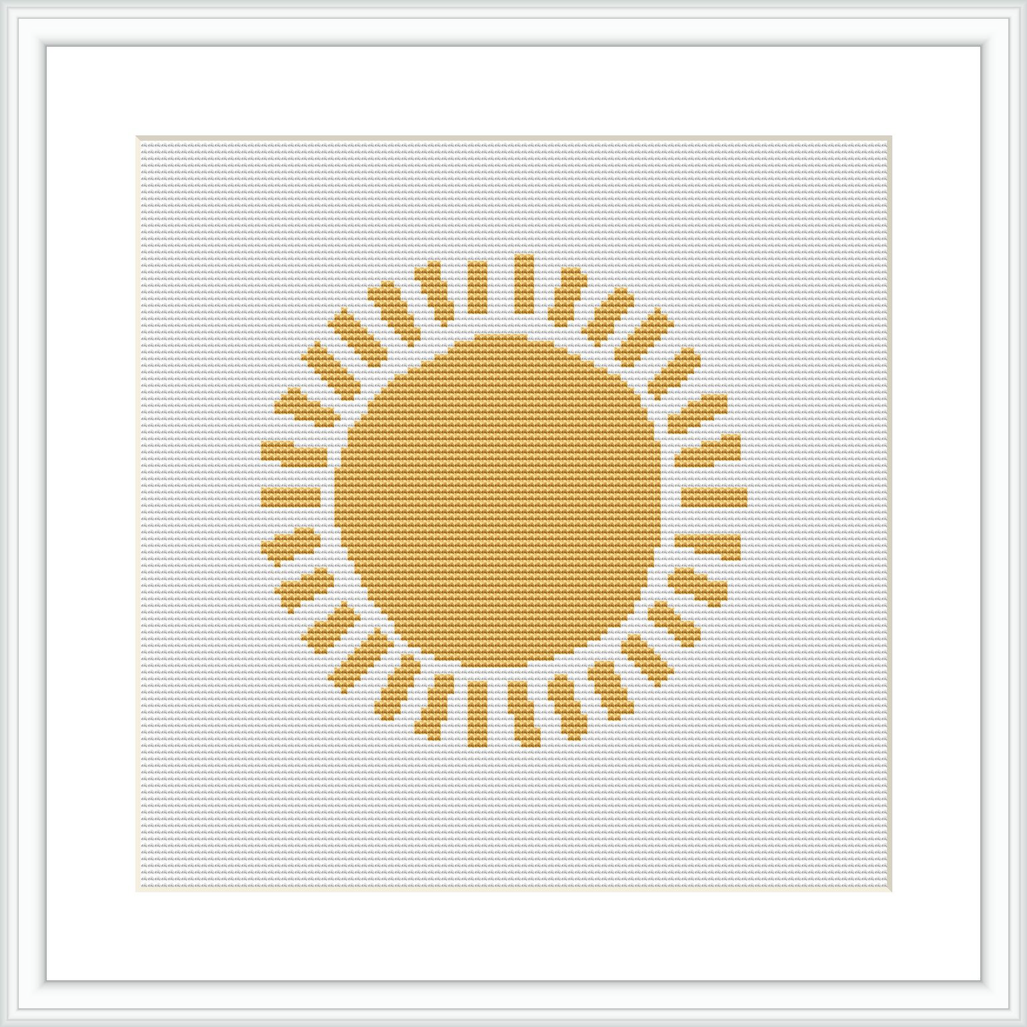 The picture shows a framed cross stitch pattern, placed against a white background. Centered on the canvas is a stylized sun with a solid round center in shades of yellow and gold, surrounded by rays represented by lines and geometric shapes.