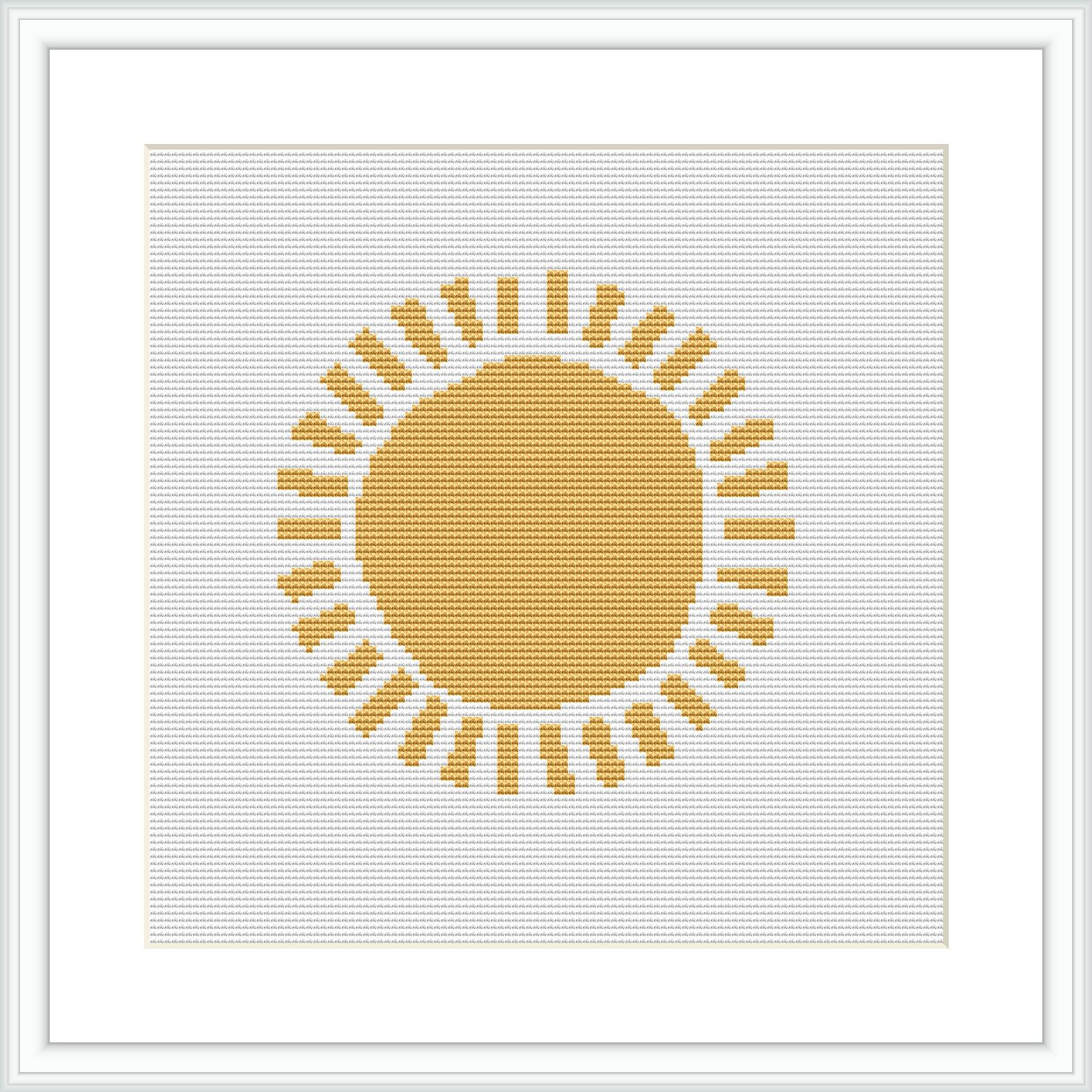 The picture shows a framed cross stitch pattern, placed against a white background. Centered on the canvas is a stylized sun with a solid round center in shades of yellow and gold, surrounded by rays represented by lines and geometric shapes.