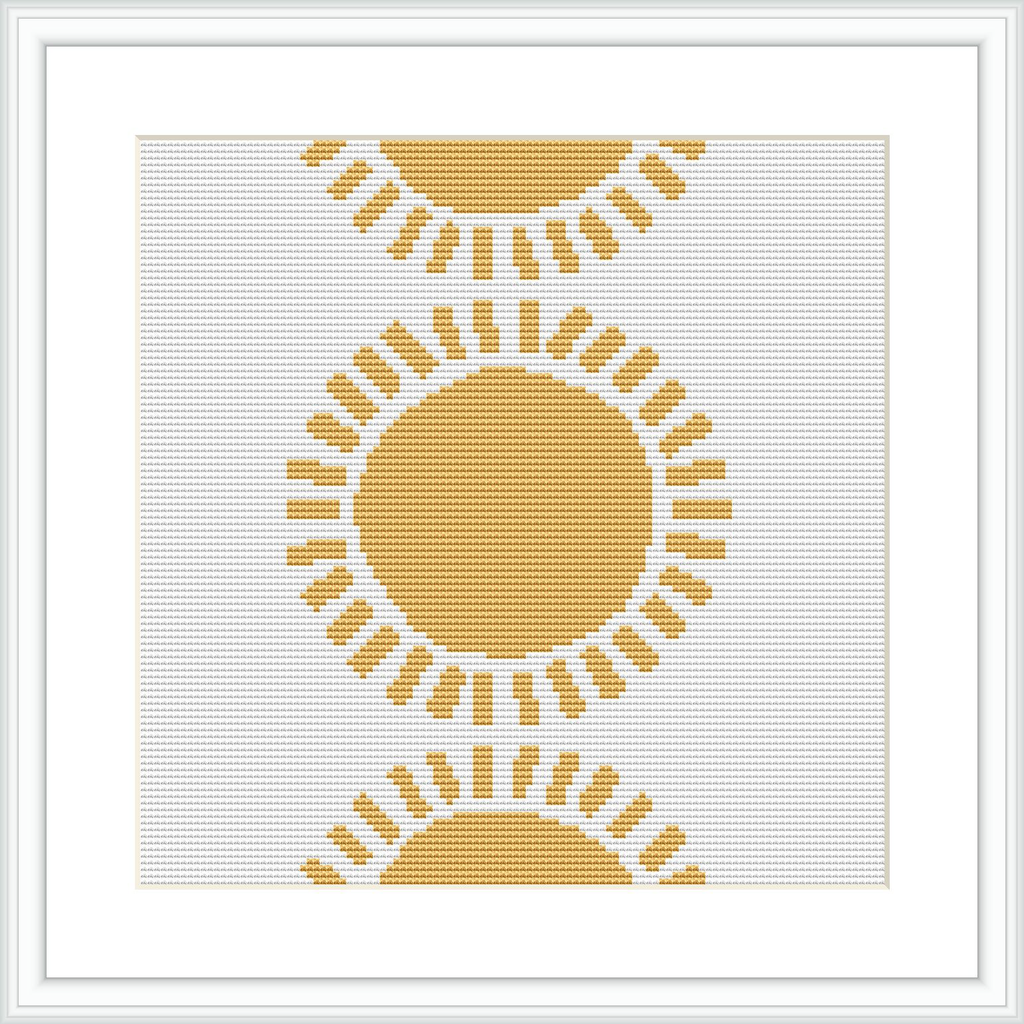 The image presents a cross stitch pattern featuring a central circular motif representing the sun, surrounded by emanating rays. The design is rendered in shades of yellow and white, creating a radiant appearance.