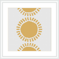 The image presents a cross stitch pattern featuring a central circular motif representing the sun, surrounded by emanating rays. The design is rendered in shades of yellow and white, creating a radiant appearance.