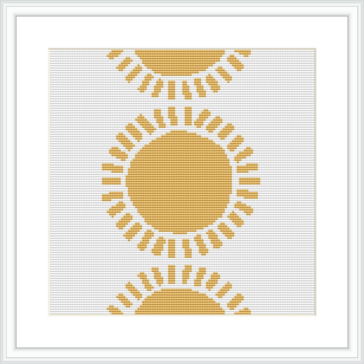 The image presents a cross stitch pattern featuring a central circular motif representing the sun, surrounded by emanating rays. The design is rendered in shades of yellow and white, creating a radiant appearance.