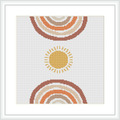 The image depicts a cross stitch pattern design featuring a stylized sun with rays extending outwards, set against a white background. The pattern is symmetrical, with multiple concentric circles creating a sense of radiating warmth.