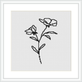The image displays a framed cross stitch pattern depicting two stylized flowers with stems and leaves, executed in a single color thread on a plain white background.