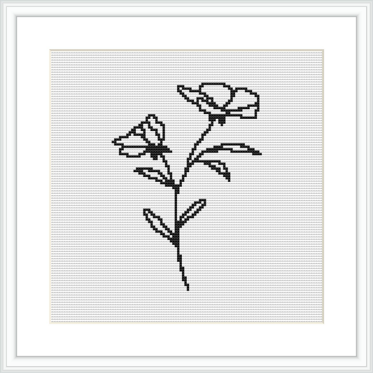 The image displays a framed cross stitch pattern depicting two stylized flowers with stems and leaves, executed in a single color thread on a plain white background.