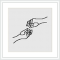 The image displays a cross stitch pattern featuring two human hands engaged in a delicate touch. The hands are intricately stitched using a series of black lines on a white canvas, framed with a simple black frame against a white background.
