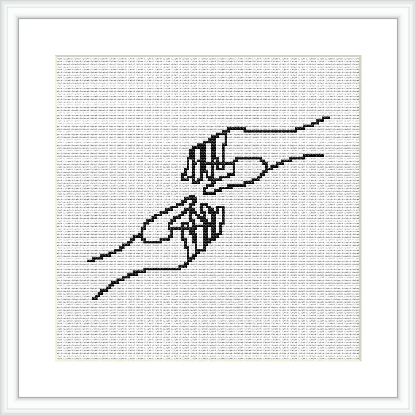 The image displays a cross stitch pattern featuring two human hands engaged in a delicate touch. The hands are intricately stitched using a series of black lines on a white canvas, framed with a simple black frame against a white background.