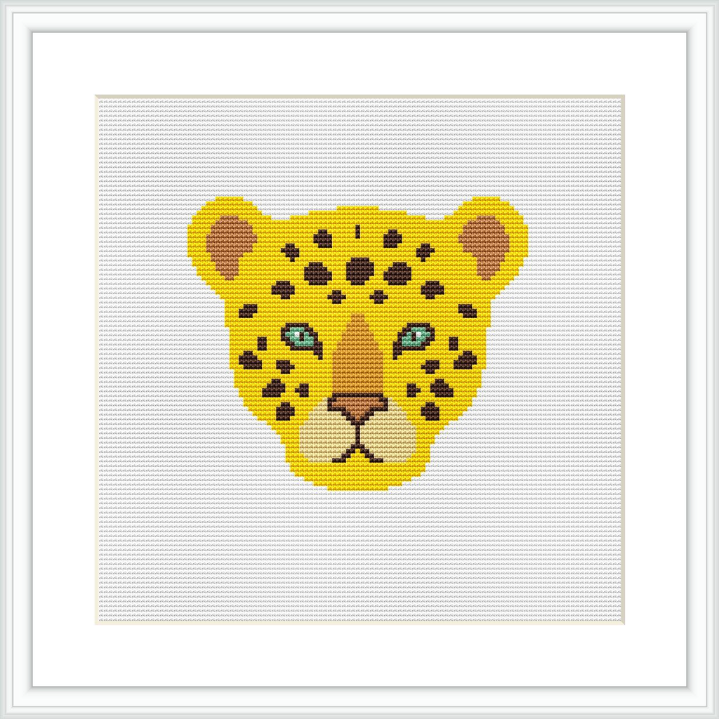 The image shows a cross stitch pattern of a leopard's face centered within a square canvas, framed by a simple white border. The leopard's eyes are highlighted in aqua, contrasting the yellow and black-spotted fur.