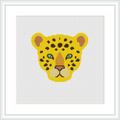 The image shows a cross stitch pattern of a leopard's face centered within a square canvas, framed by a simple white border. The leopard's eyes are highlighted in aqua, contrasting the yellow and black-spotted fur.