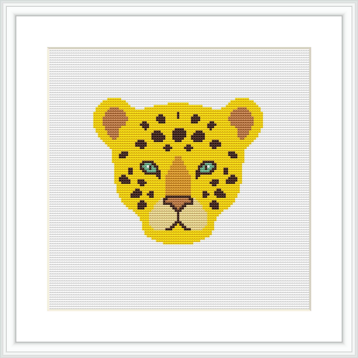 The image shows a cross stitch pattern of a leopard's face centered within a square canvas, framed by a simple white border. The leopard's eyes are highlighted in aqua, contrasting the yellow and black-spotted fur.