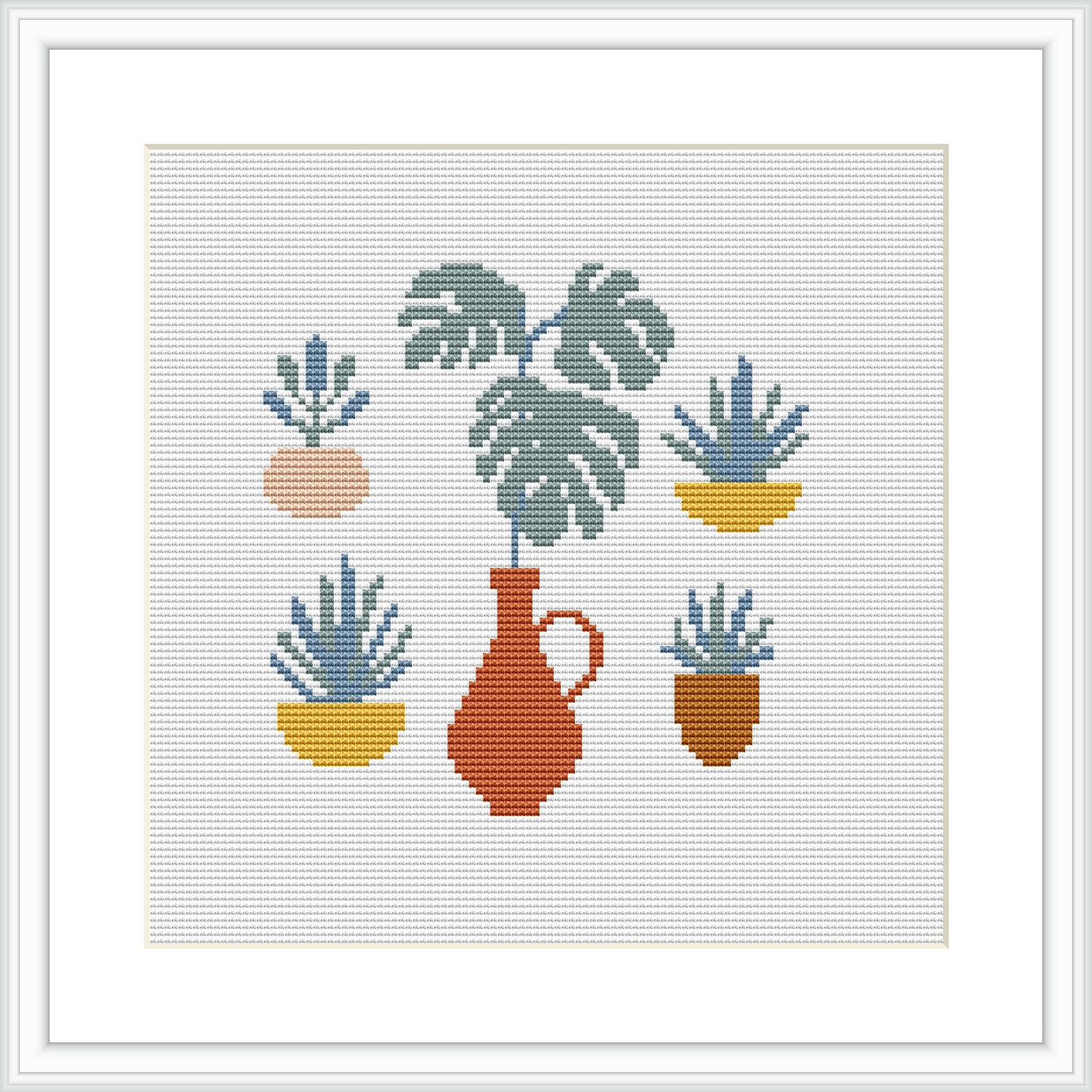 The image depicts four cross-stitched houseplants, each within its own colorful pot, arranged in two rows against a white background. The largest plant is in a red vase centered at the top, with a smaller blue potted plant to its right and two smaller plants below them in yellow and terracotta pots.