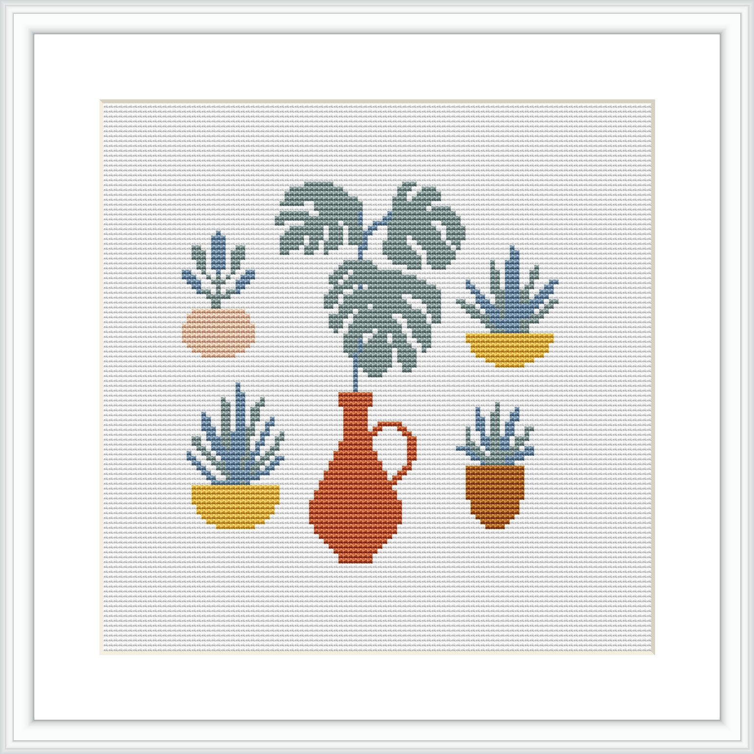 The image depicts four cross-stitched houseplants, each within its own colorful pot, arranged in two rows against a white background. The largest plant is in a red vase centered at the top, with a smaller blue potted plant to its right and two smaller plants below them in yellow and terracotta pots.