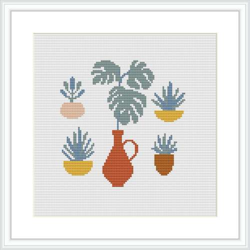 The image depicts four cross-stitched houseplants, each within its own colorful pot, arranged in two rows against a white background. The largest plant is in a red vase centered at the top, with a smaller blue potted plant to its right and two smaller plants below them in yellow and terracotta pots.