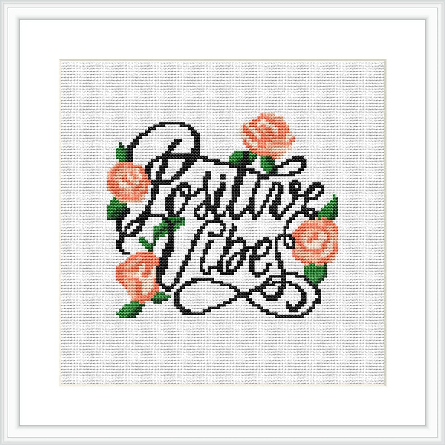 The image features a cross stitch design with the phrase 'Positive Vibes' in cursive script, surrounded by pink and peach roses with green leaves, all framed within a white borders on a white aida cloth.