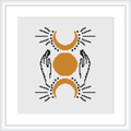 The image depicts a cross stitch pattern showing two symmetrical crescent moons on the top and bottom, cradling a central full moon. There are pairs of hands symmetrically positioned on the left and right sides of each crescent moon.
