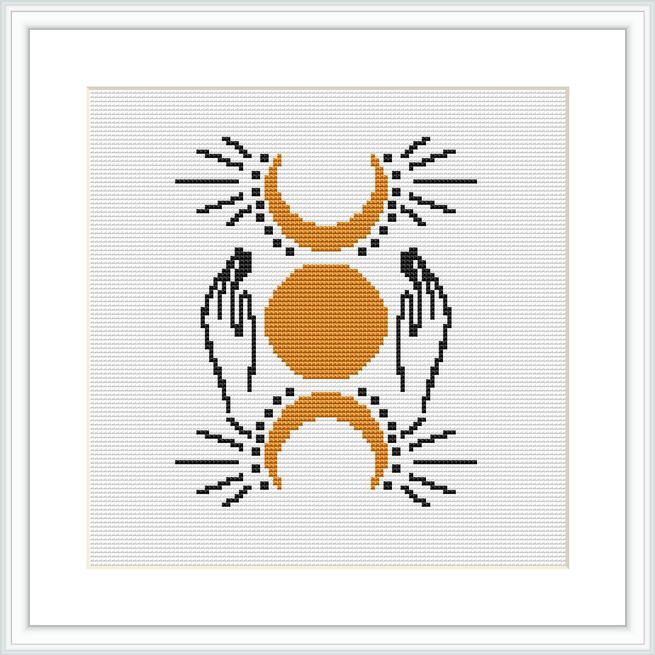 The image depicts a cross stitch pattern showing two symmetrical crescent moons on the top and bottom, cradling a central full moon. There are pairs of hands symmetrically positioned on the left and right sides of each crescent moon.