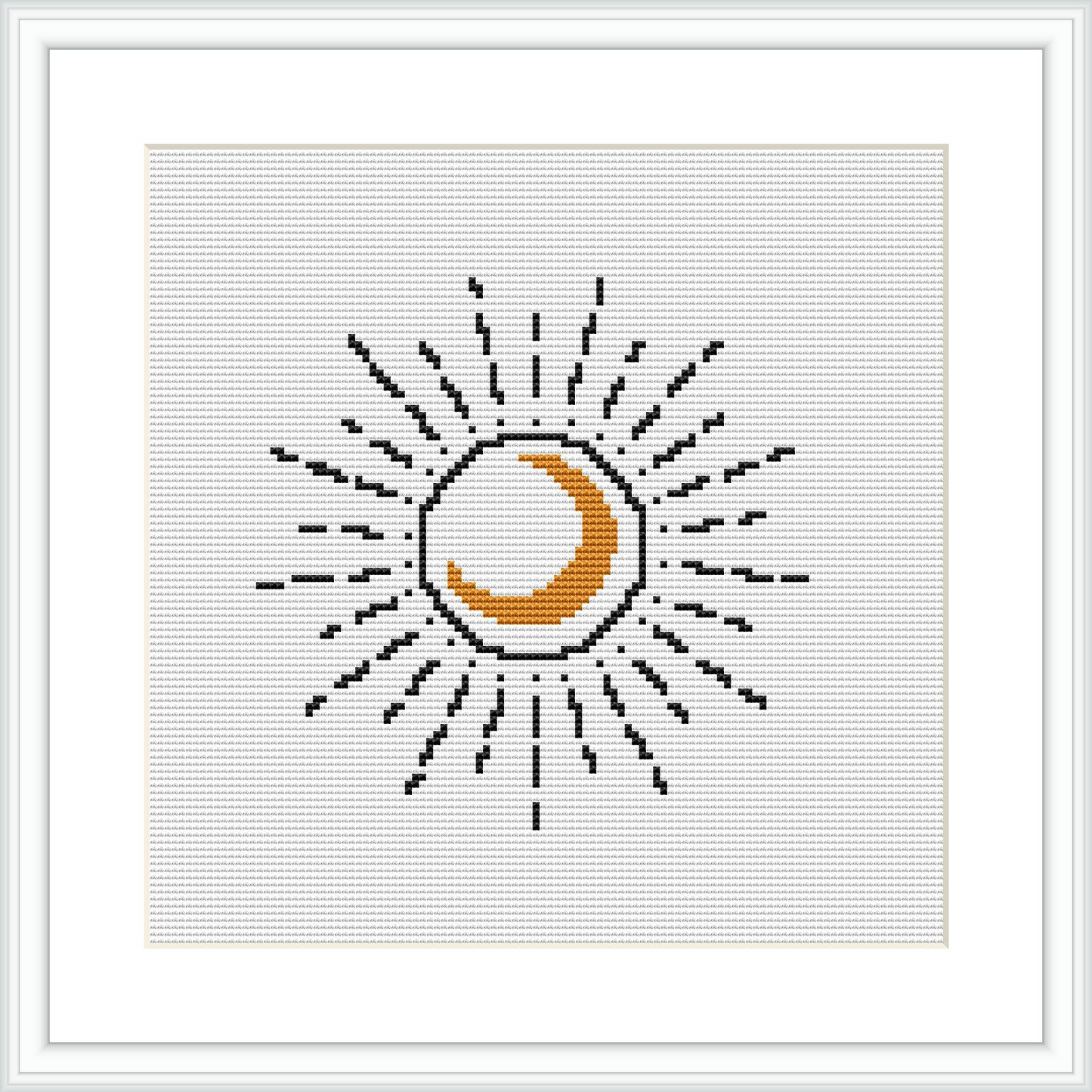 The image shows a framed cross stitch pattern of a stylized crescent moon with lines radiating outward to represent its glow, all stitched on a white canvas.