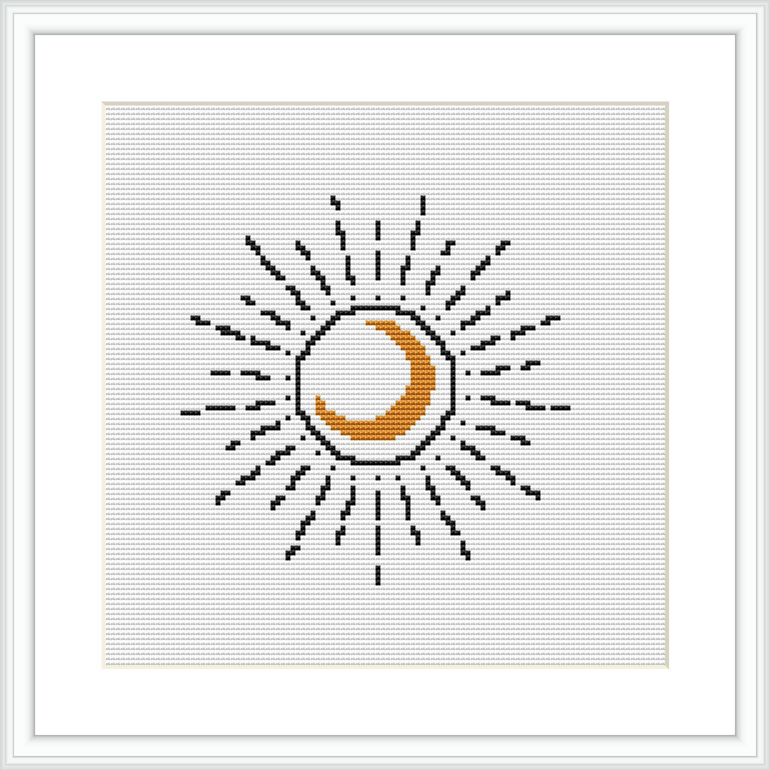 The image shows a framed cross stitch pattern of a stylized crescent moon with lines radiating outward to represent its glow, all stitched on a white canvas.