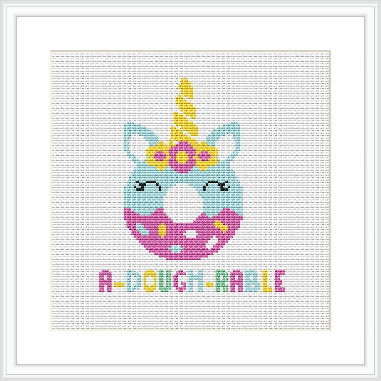 The cross stitch pattern features a stylized donut shaped like a unicorn's head with a horn and ears. It's decorated with pastel colors and the text 'A-Dough-rable' below it.