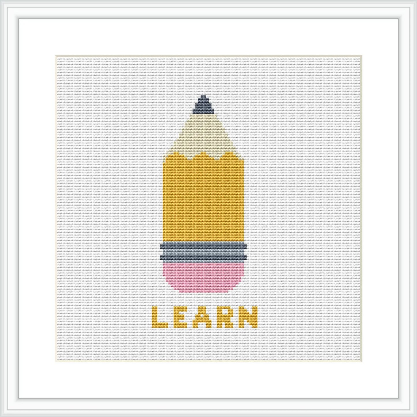 The image shows a cross stitch pattern of a simple pencil with a beige tip, black band, and a pink eraser, on a white background, with the word 'LEARN' stitched in yellow letters at the bottom.