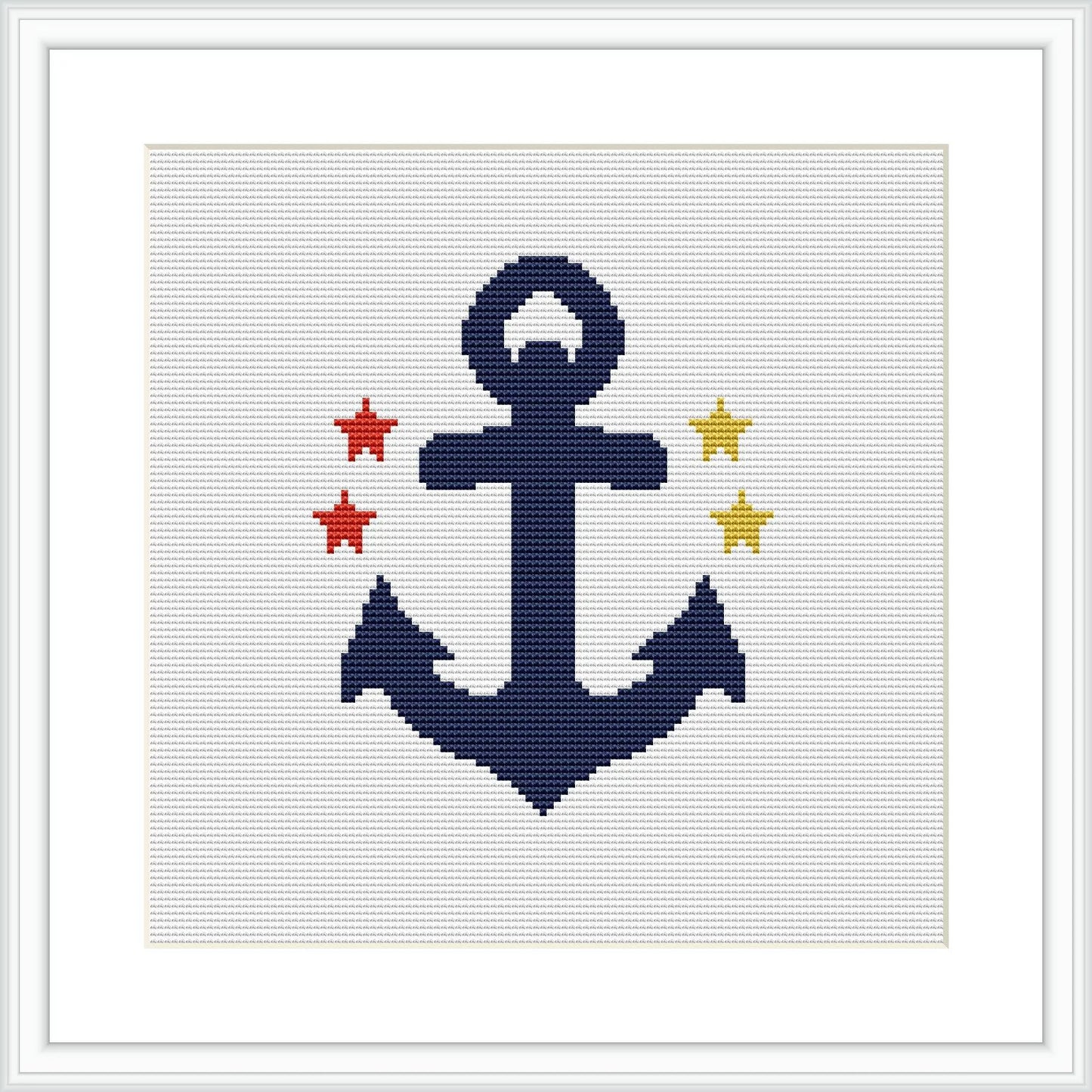 The image shows a cross stitch pattern of a navy blue anchor with three stars in red, yellow, and sky blue, framed in white on a white aida cloth.