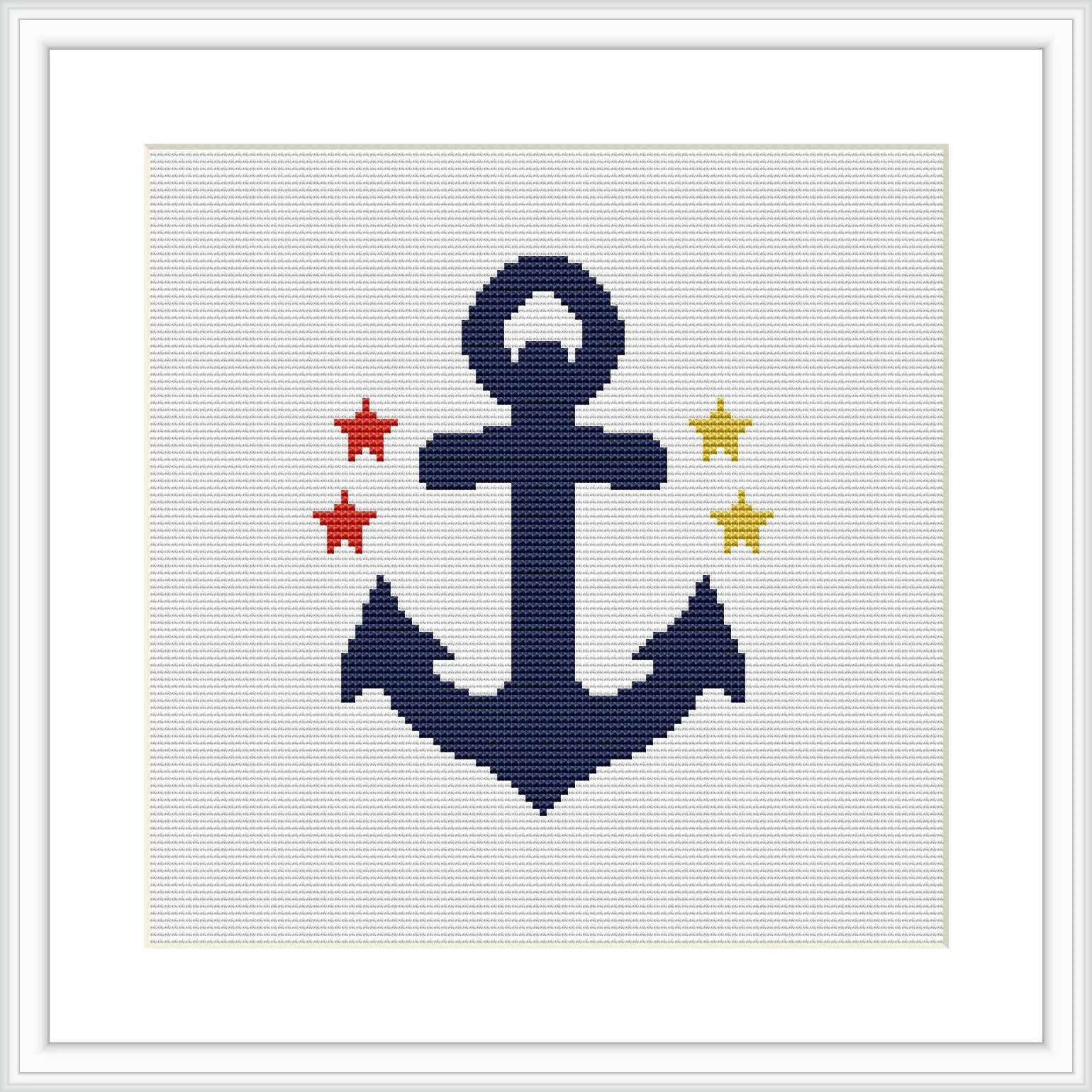 The image shows a cross stitch pattern of a navy blue anchor with three stars in red, yellow, and sky blue, framed in white on a white aida cloth.