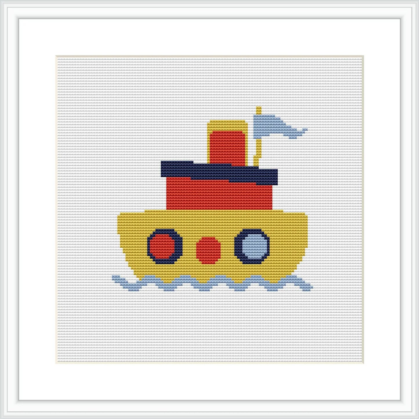 The image presents a colorful cross-stitch pattern of a small, yellow tugboat with a red superstructure and blue windows floating on blue waves. The boat has a blue flag atop the structure, and the pattern is framed with a simple border on white canvas.