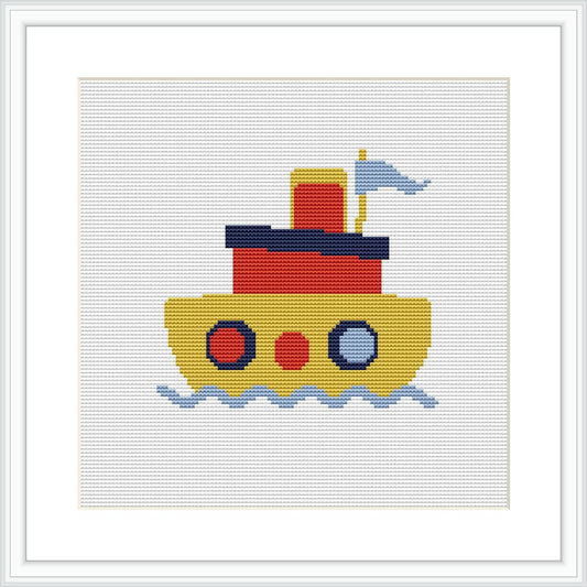 The image presents a colorful cross-stitch pattern of a small, yellow tugboat with a red superstructure and blue windows floating on blue waves. The boat has a blue flag atop the structure, and the pattern is framed with a simple border on white canvas.