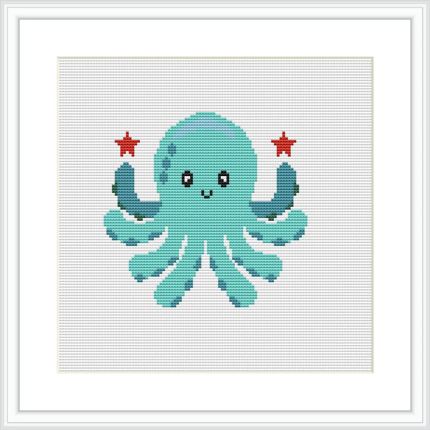 The cross stitch pattern depicts a smiling turquoise octopus with black eyes and a mouth, positioned centrally against a white background. Two small red starfish adorn the top of its head as if they are hair accessories.