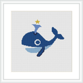 A stylized blue whale with a smiling face and a gold crown. The whale is set against a light blue and white background that resembles sea foam and water bubbles.