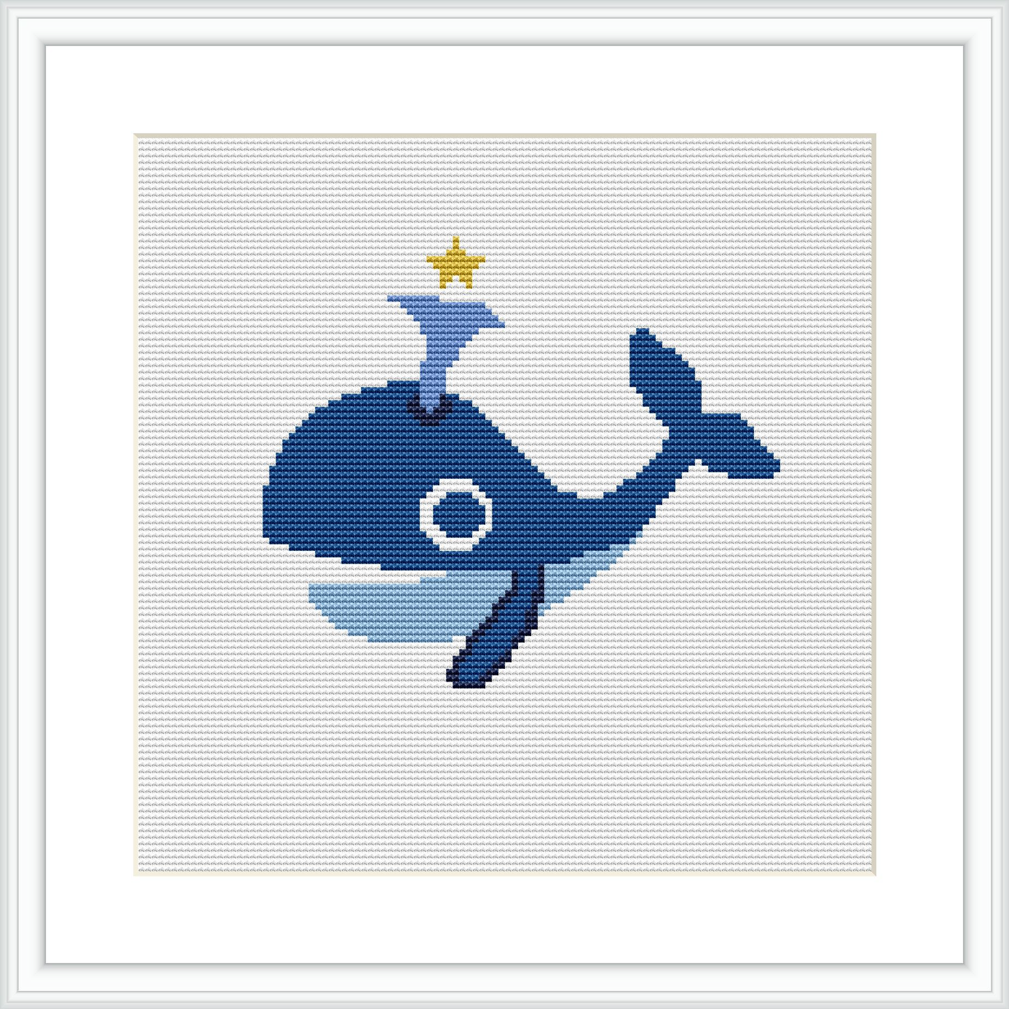 A stylized blue whale with a smiling face and a gold crown. The whale is set against a light blue and white background that resembles sea foam and water bubbles.