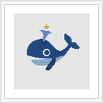 A stylized blue whale with a smiling face and a gold crown. The whale is set against a light blue and white background that resembles sea foam and water bubbles.