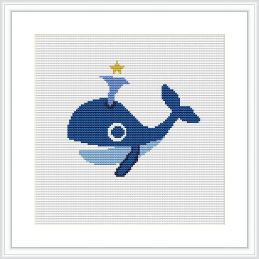 A stylized blue whale with a smiling face and a gold crown. The whale is set against a light blue and white background that resembles sea foam and water bubbles.