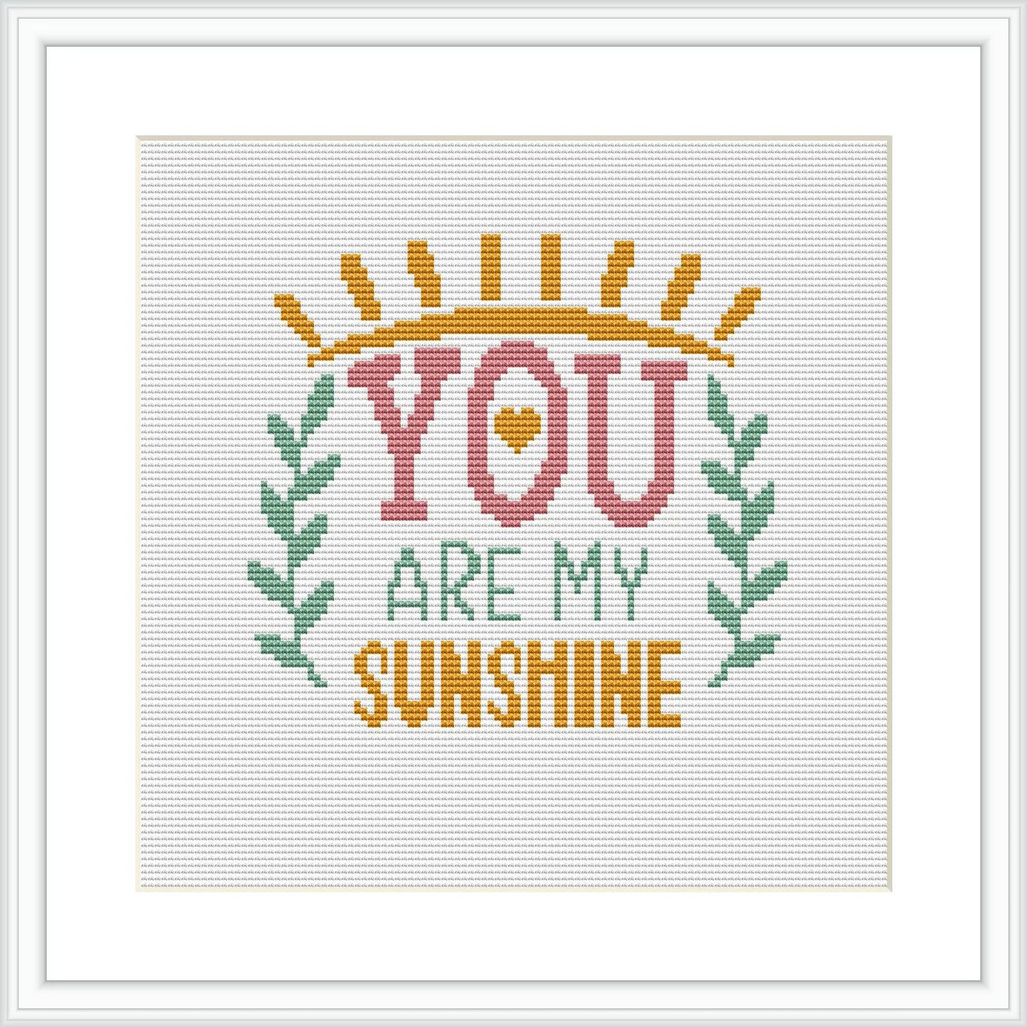 The image displays a framed cross stitch pattern with the phrase 'YOU ARE MY SUNSHINE' in bold, capital letters, accompanied by sun rays at the top and green laurels at the bottom on a white canvas.