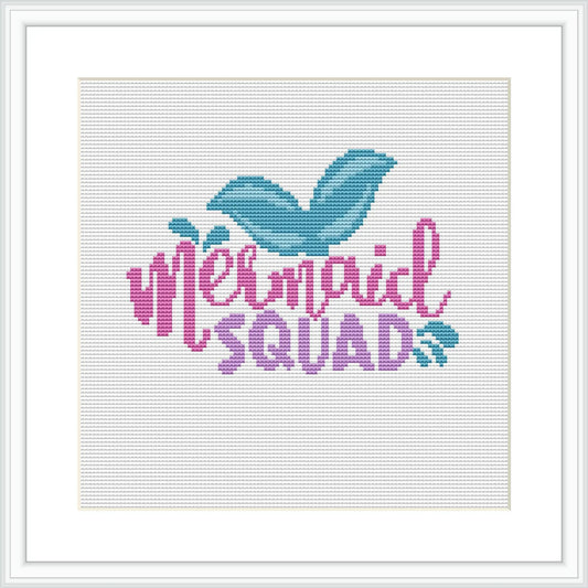 The pattern displays the phrase 'Mermaid Squad' in stylized, gradient lettering with a mermaid tail incorporated into the design, all framed within a white border on a textured canvas.