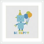 The image depicts a two-dimensional stitched robot with a party hat, holding a bunch of balloons, in front of a white background. Below the robot, the phrase 'Be Happy' is stitched in colorful letters.